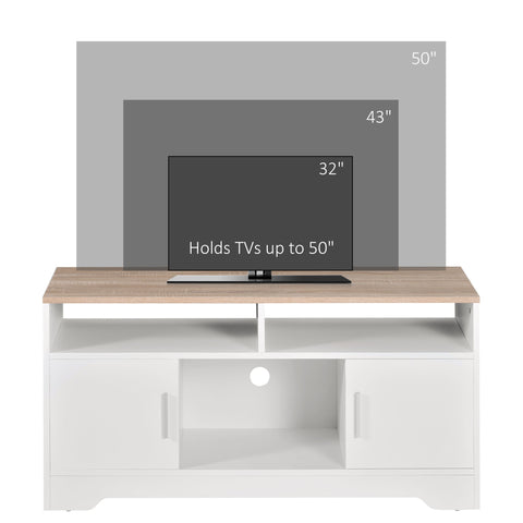 Homcom white tv stand cabinet with light wood top particle board open shelving and cable management for living room