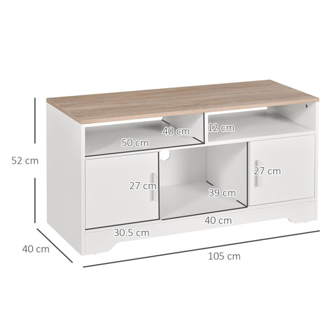 White and light wood-grain particle board media console with cabinets shelves and cable management for living room