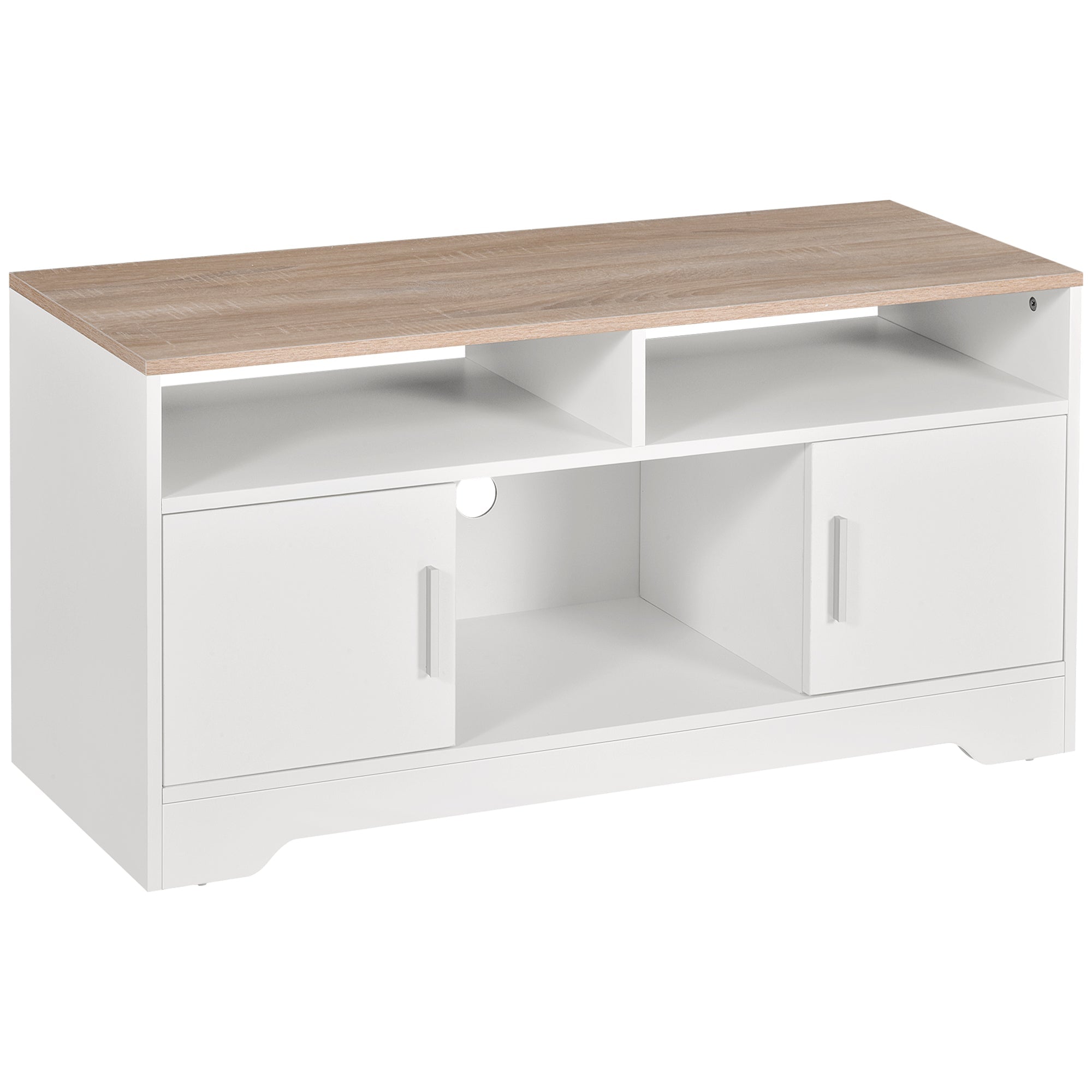 White and light wood-grain particle board homcom tv stand cabinet with two doors open shelves and cable management
