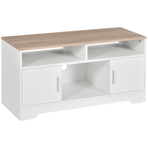 White and light wood-grain particle board homcom tv stand cabinet with two doors open shelves and cable management