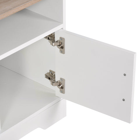 White particle board cabinet door with silver hinges and light wood top for homcom modern tv stand up to 50 inches