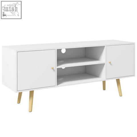 White mid-century modern homcom tv stand with wood legs and large storage space for living room or bedroom