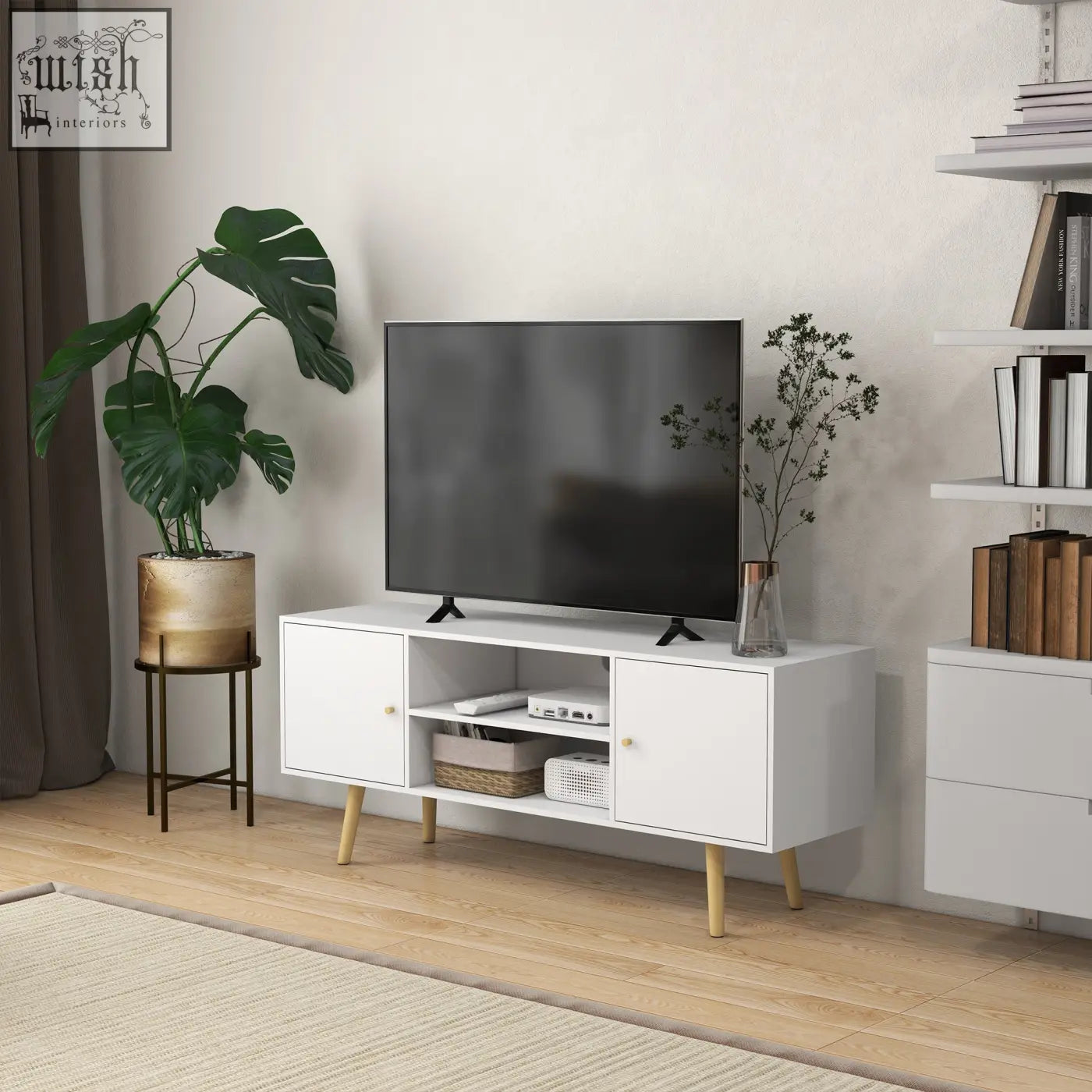 White mid-century modern HOMCOM tv stand cabinet with wood legs and large storage space for living room or bedroom