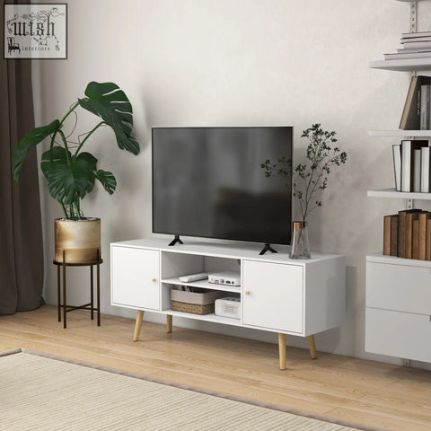 White mid-century modern HOMCOM tv stand cabinet with wood legs and large storage space for living room or bedroom