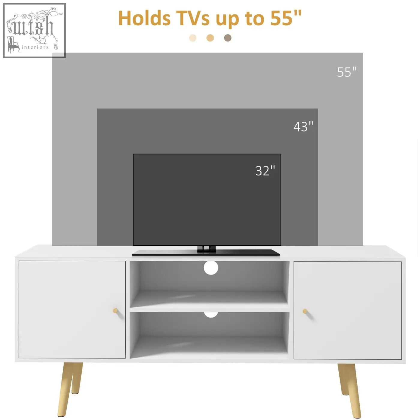 White mid-century modern HOMCOM tv stand with wood legs and gold-tone handles provides large storage space