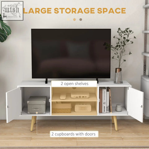 White mid-century modern homcom tv stand cabinet with wood legs and large storage space for living room or bedroom