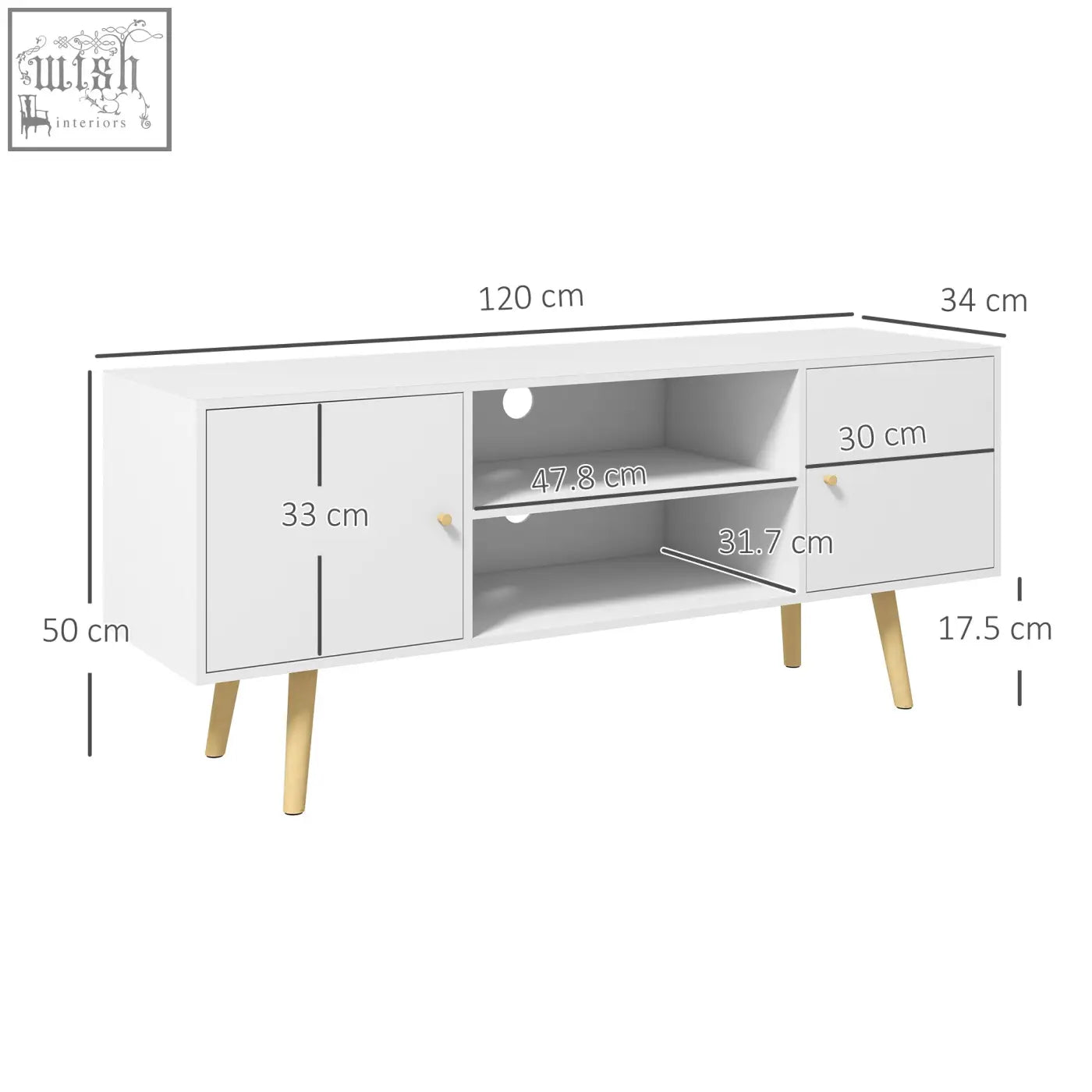 White mid-century modern homcom tv stand cabinet with wood legs and gold-tone handles offers large storage space