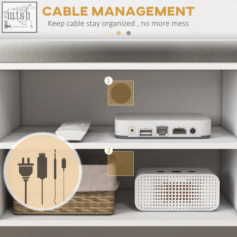 White rectangular cable management pads with matte finish for organizing cords in homcom tv stand cabinet with wood legs and large storage space