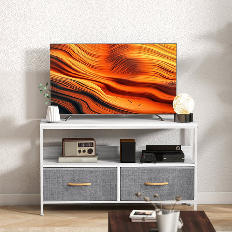 Modern flat-screen tv on homcom white tv stand cabinet with 2 foldable drawers showing vibrant orange and black wallpaper in living room with dual colours