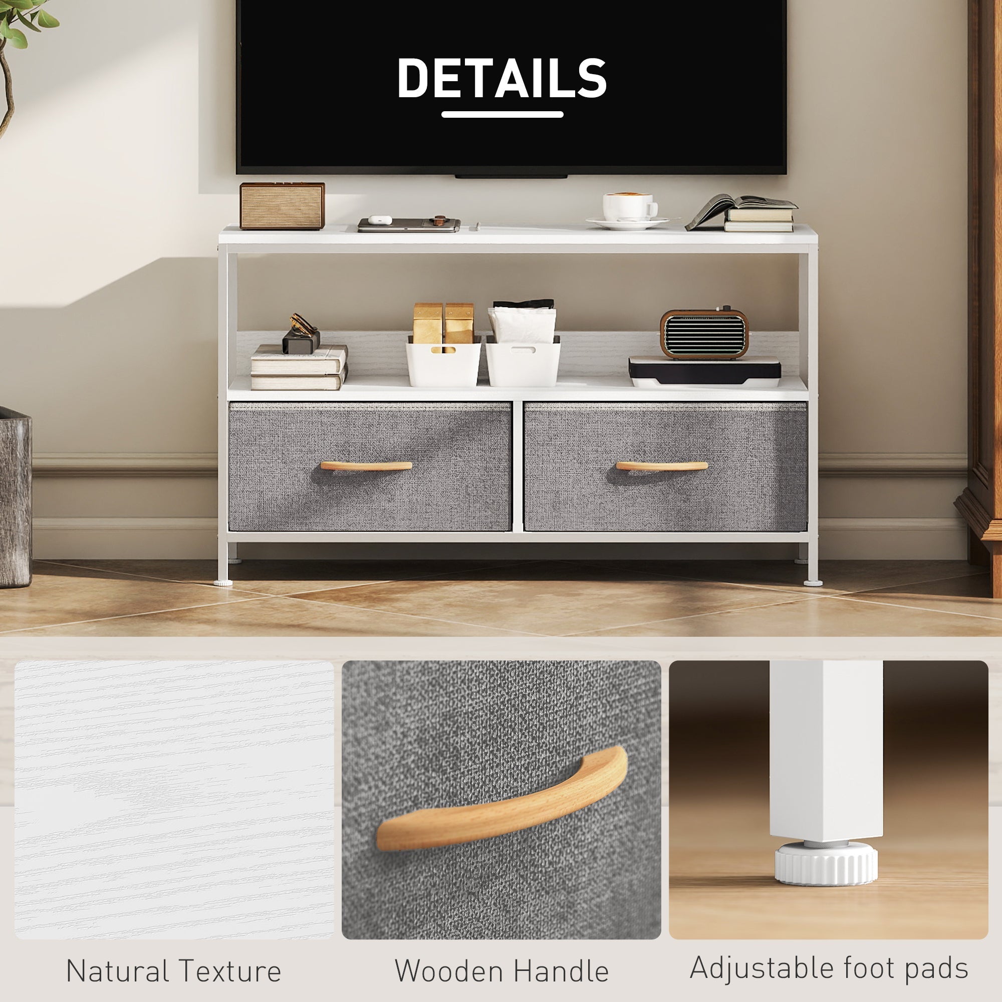 White homcom tv stand cabinet with dual colours gray fabric drawers wooden handles adjustable foot pads for living room