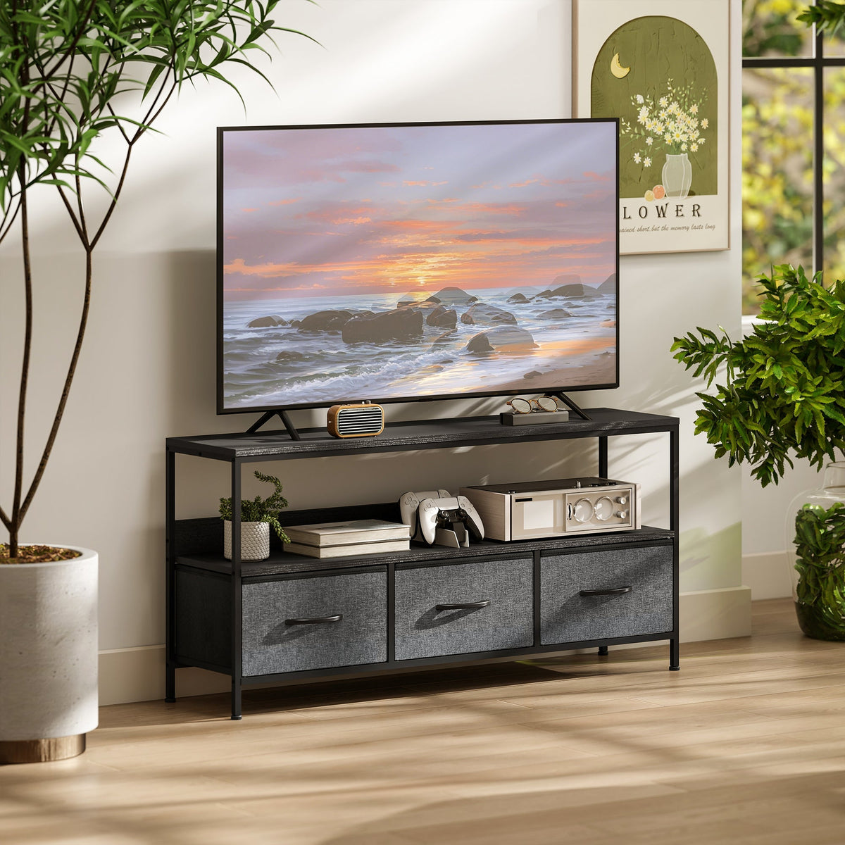 Black metal framed homcom tv stand cabinet with 3 gray fabric drawers and top shelf for living room dual colours use