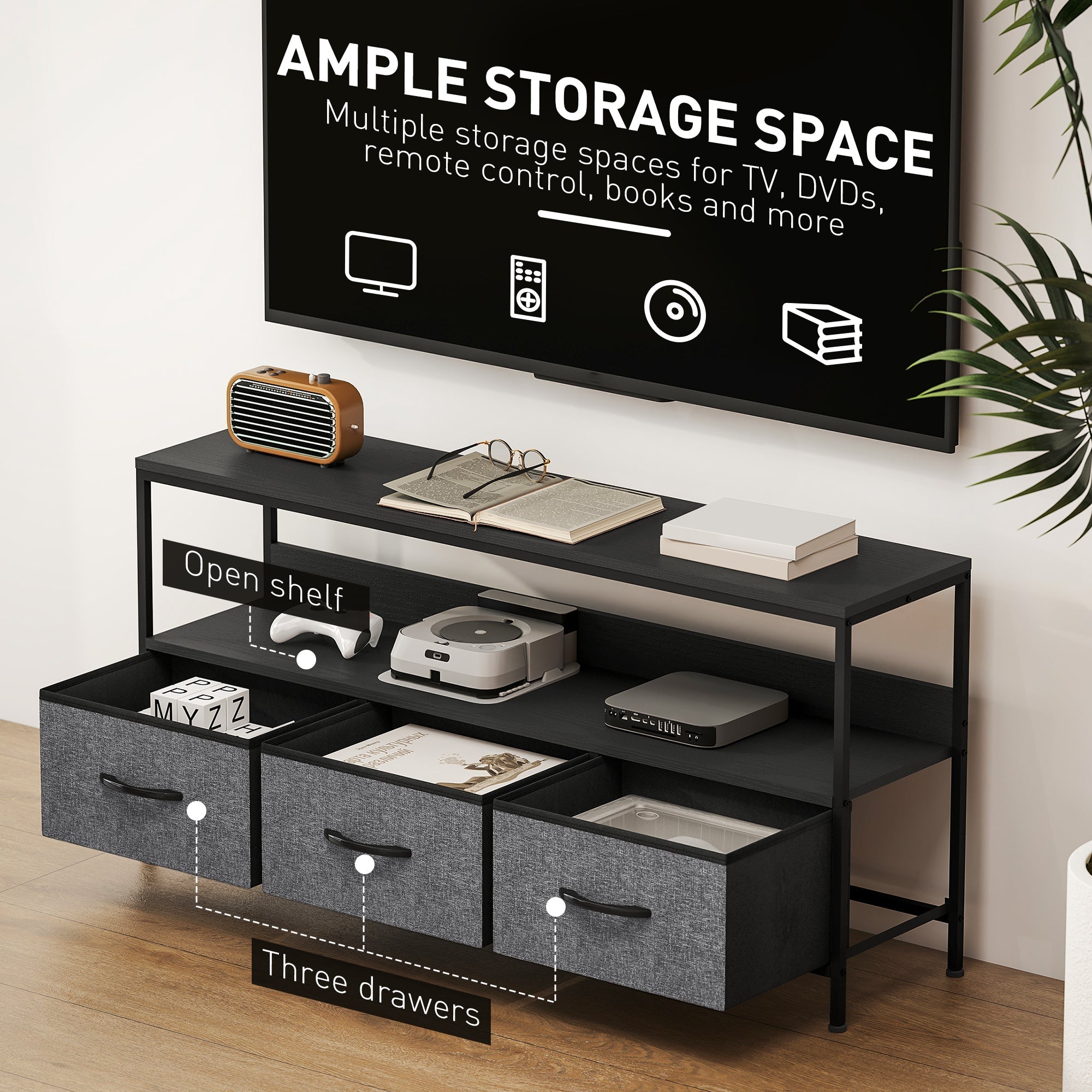Black metal tv stand with three gray fabric drawers and open shelving perfect for living room dual colours design