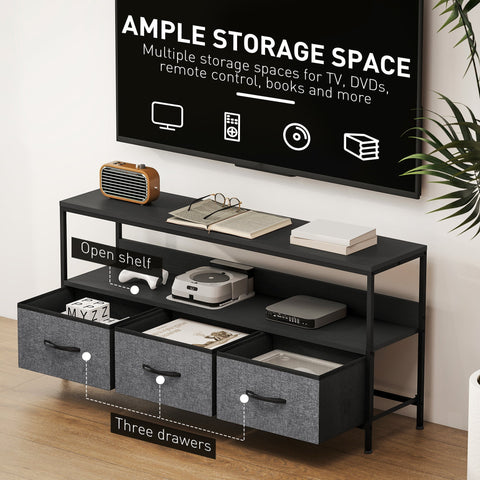 Black metal tv stand with three gray fabric drawers and open shelving perfect for living room dual colours design