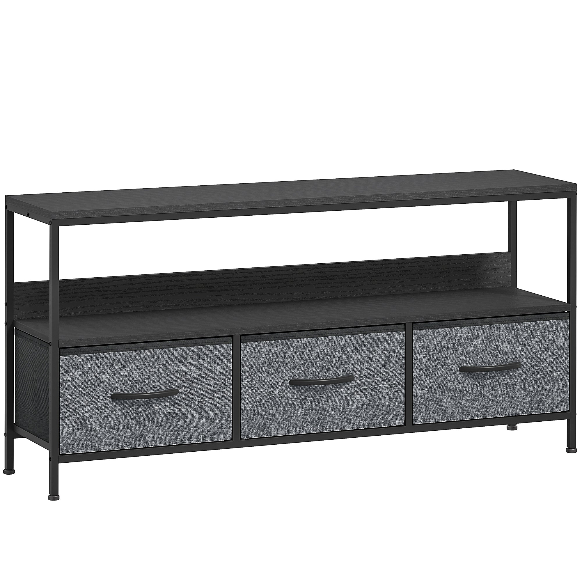 Black metal media console with three gray fabric drawers and top shelf perfect for living room dual colours design