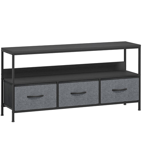 Black metal media console with three gray fabric drawers and top shelf perfect for living room dual colours design
