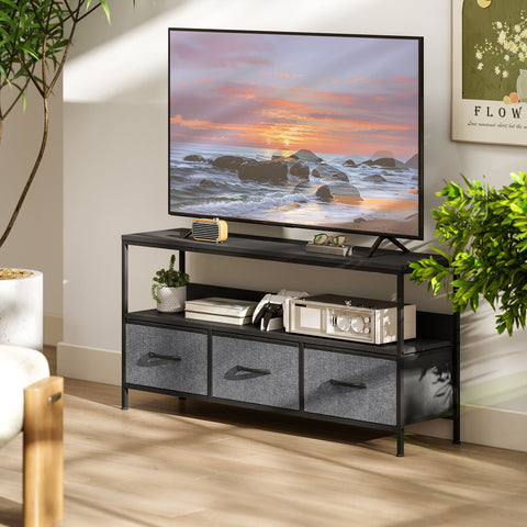 Black metal framed living room tv stand cabinet with three gray fabric foldable drawers and black handles dual colours