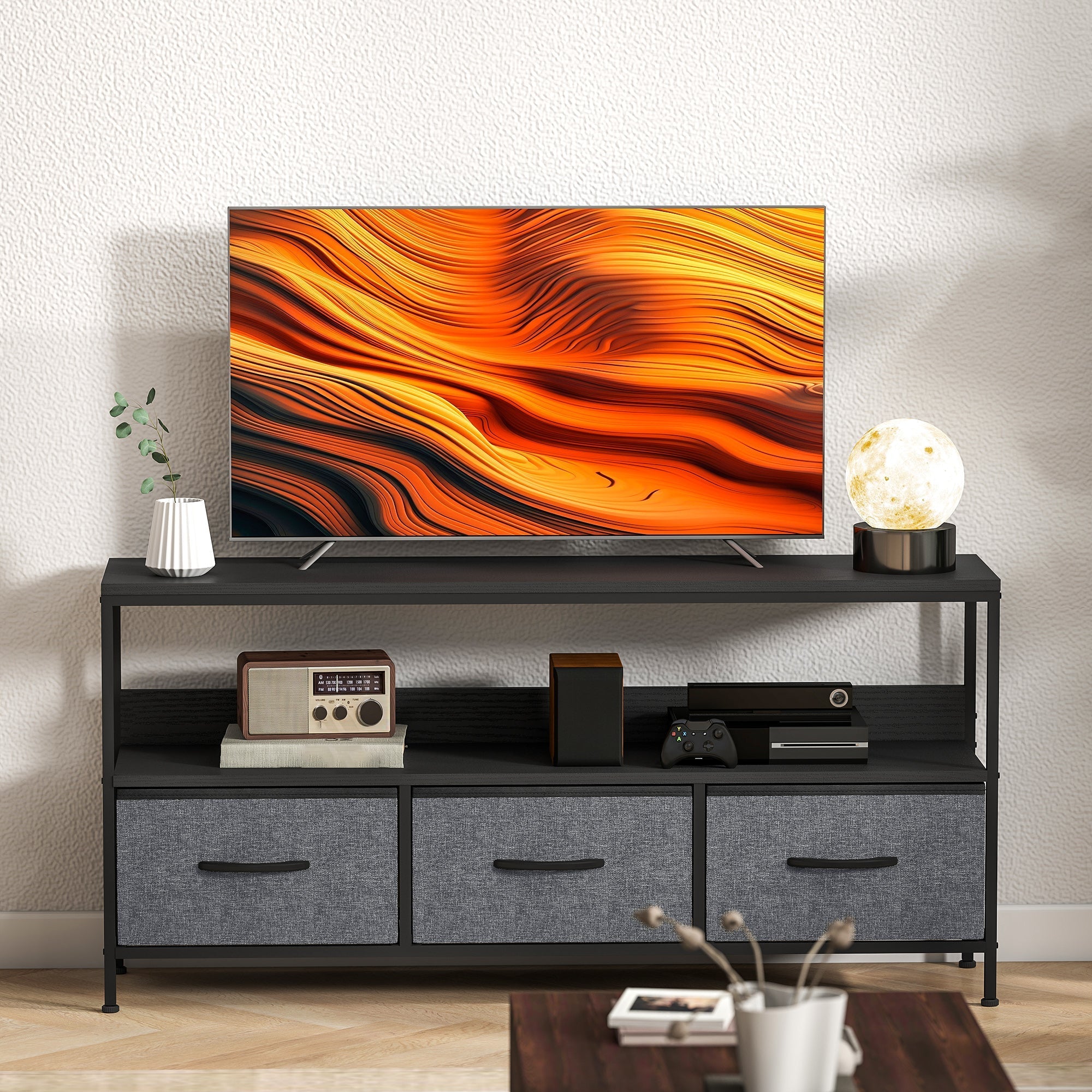 Black metal homcom tv stand with three gray fabric foldable drawers in dual colours perfect for living room use