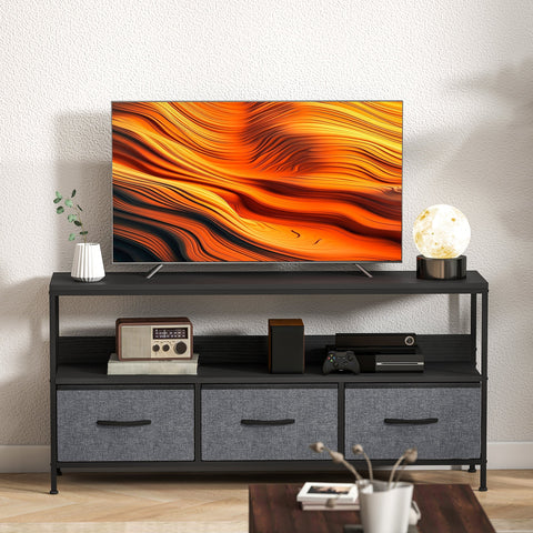 Black metal homcom tv stand with three gray fabric foldable drawers in dual colours perfect for living room use