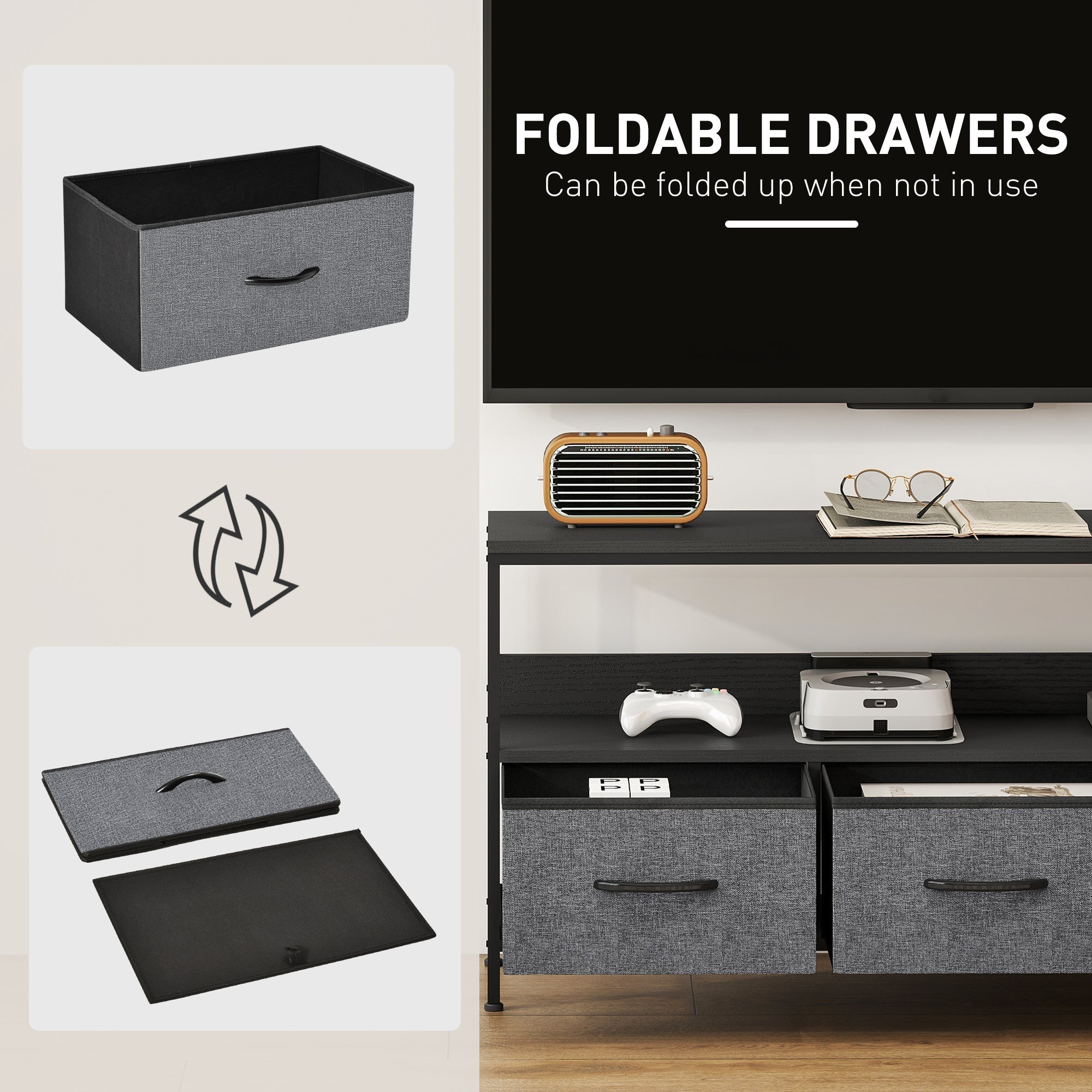 Gray fabric foldable drawers with black handles and lid for living room in homcom tv stand cabinet with dual colours