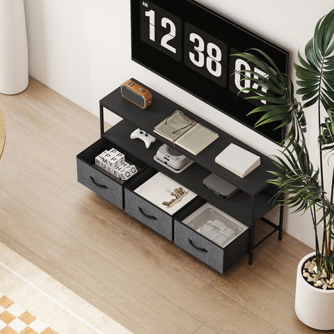 Black homcom tv stand cabinet with minimalist metal frame and three fabric-lined foldable drawers for living room dual colours