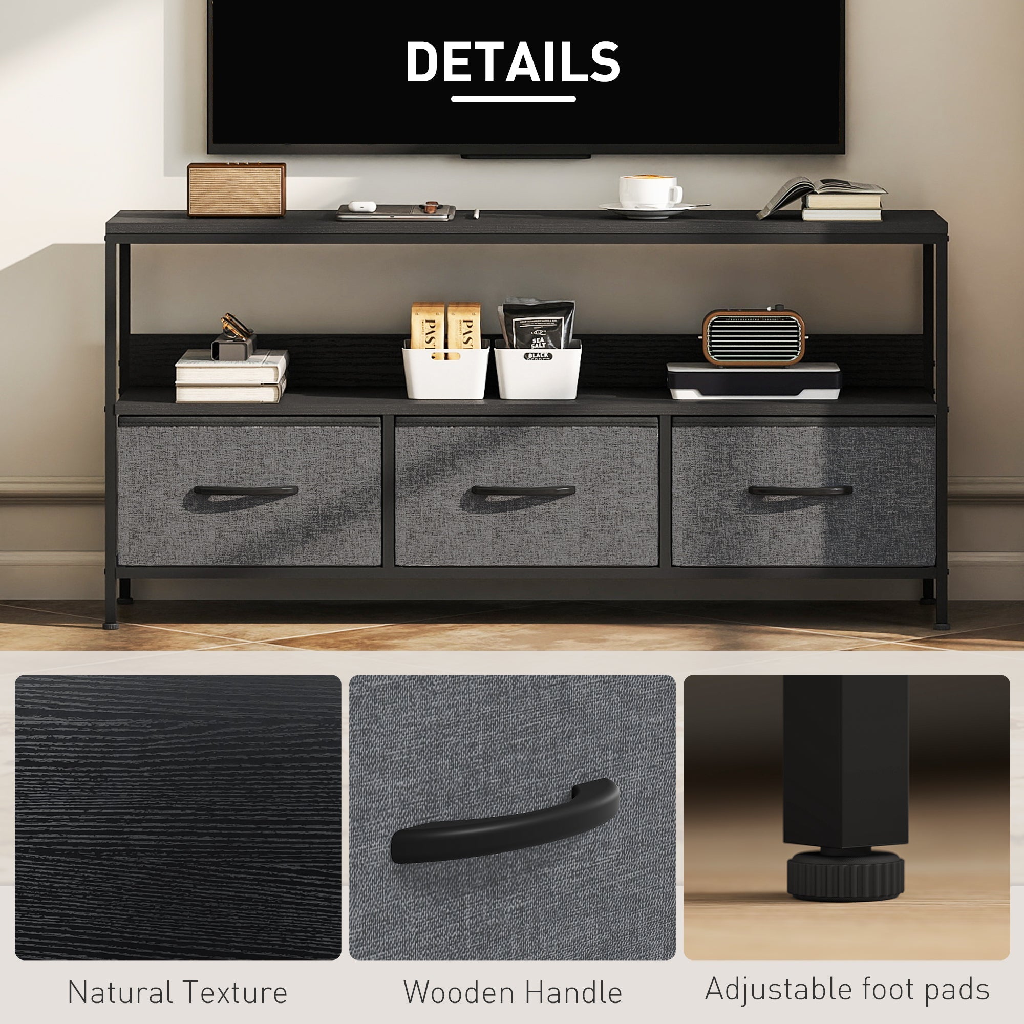 Black metal framed homcom tv stand cabinet with three gray fabric drawers wooden handles for living room dual colours