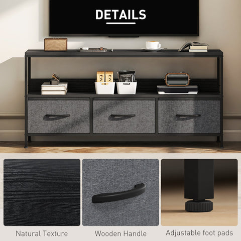 Black metal framed homcom tv stand cabinet with three gray fabric drawers wooden handles for living room dual colours