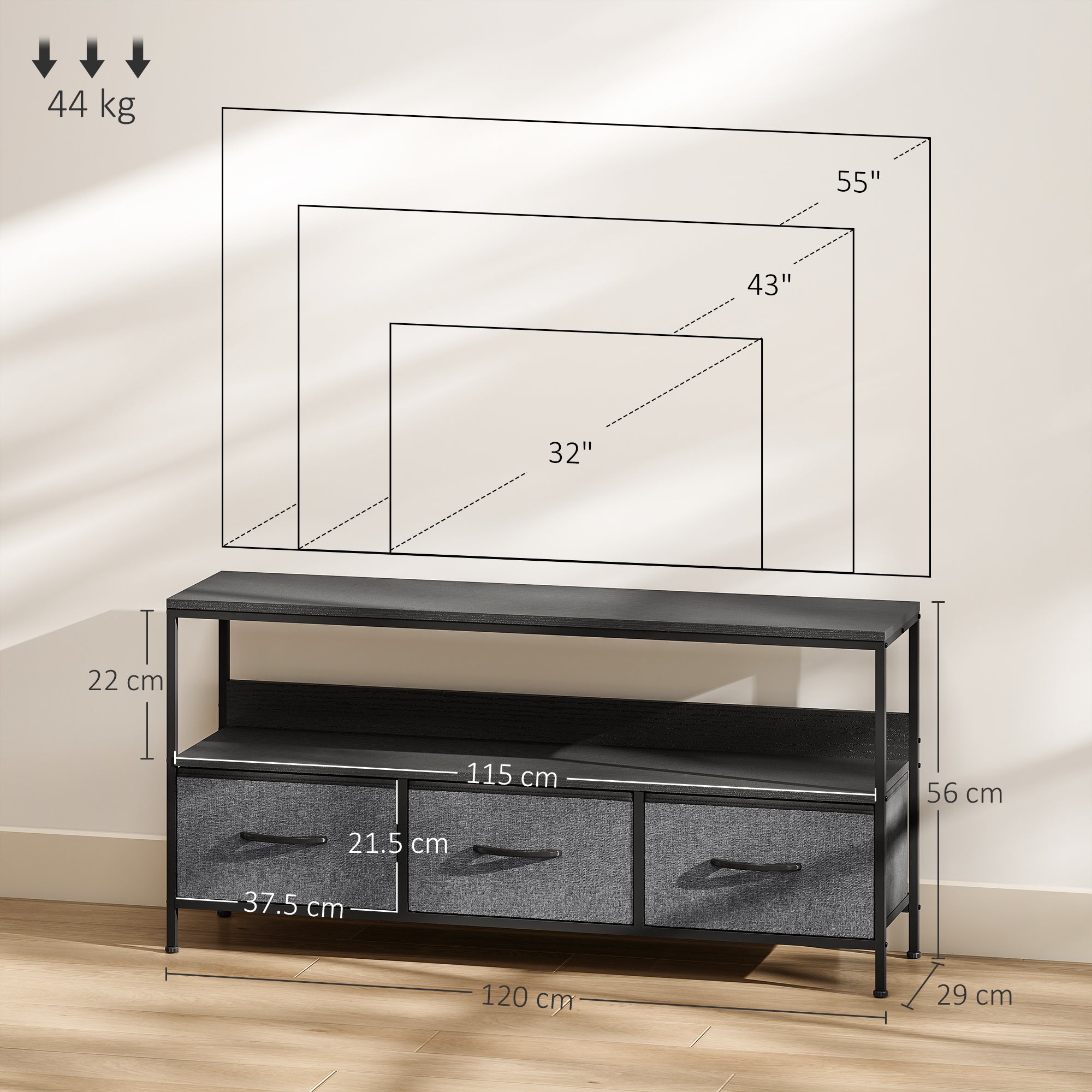Black metal framed homcom tv stand cabinet with three gray fabric drawers and lower open shelf for living room dual colours
