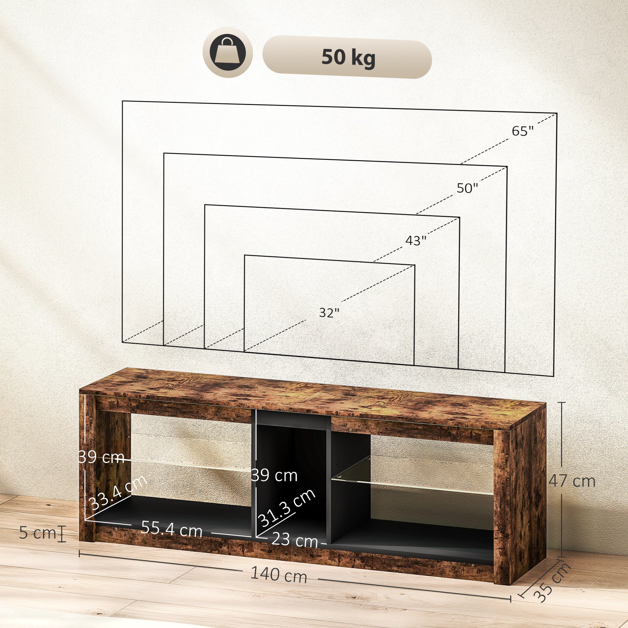 Rustic brown homcom tv stand with black shelves glass panels removable led light and remote control for up to 65 inch tvs