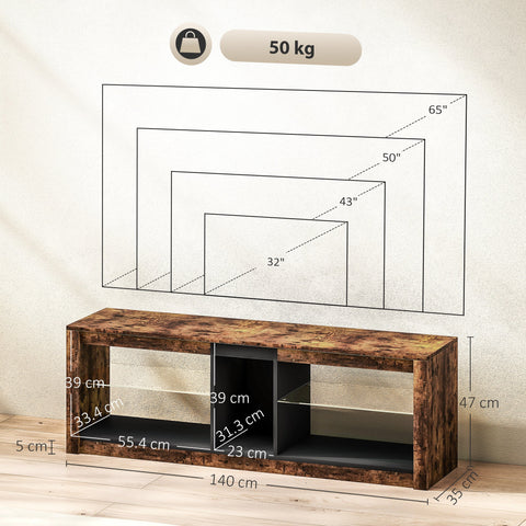 Rustic brown homcom tv stand with black shelves glass panels removable led light and remote control for up to 65 inch tvs