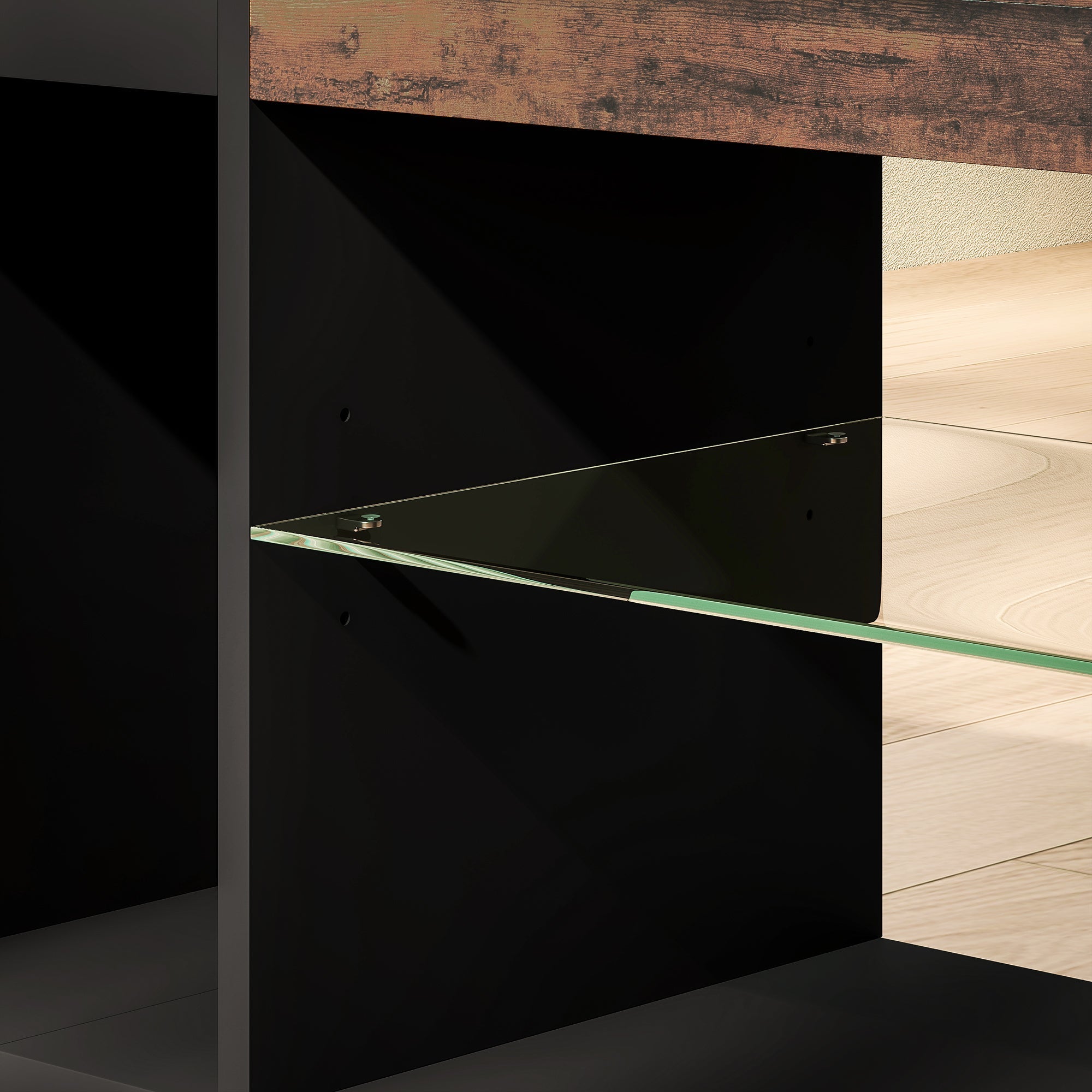 A sleek transparent glass shelf on black frame with metal brackets in homcom tv stand with removable led light and remote control