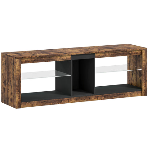 Rustic brown wood and black homcom tv stand with glass shelves removable led light and remote control for tvs up to 65 inches