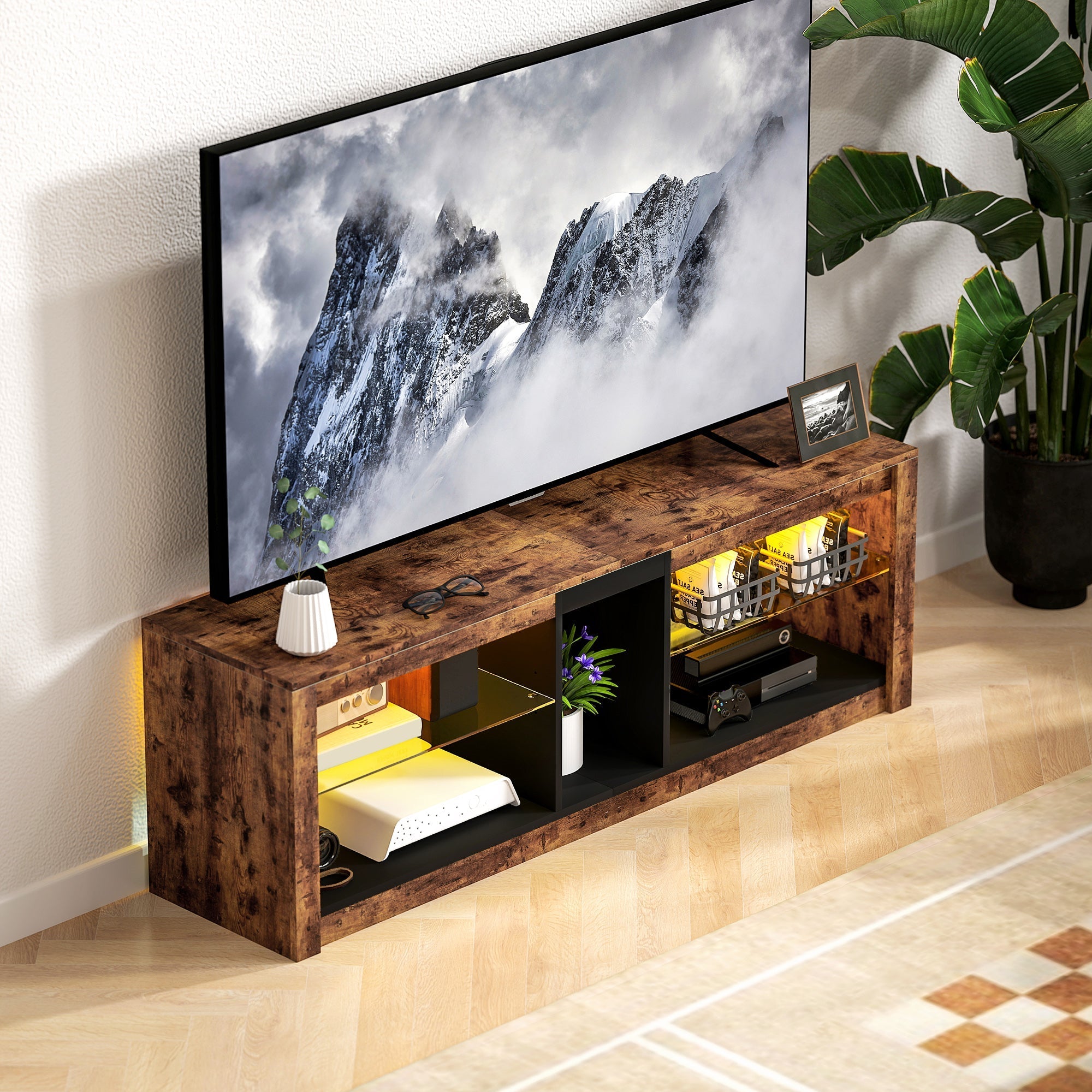 Rustic wood-finish homcom tv stand with black accents glass shelves removable led light and remote control features