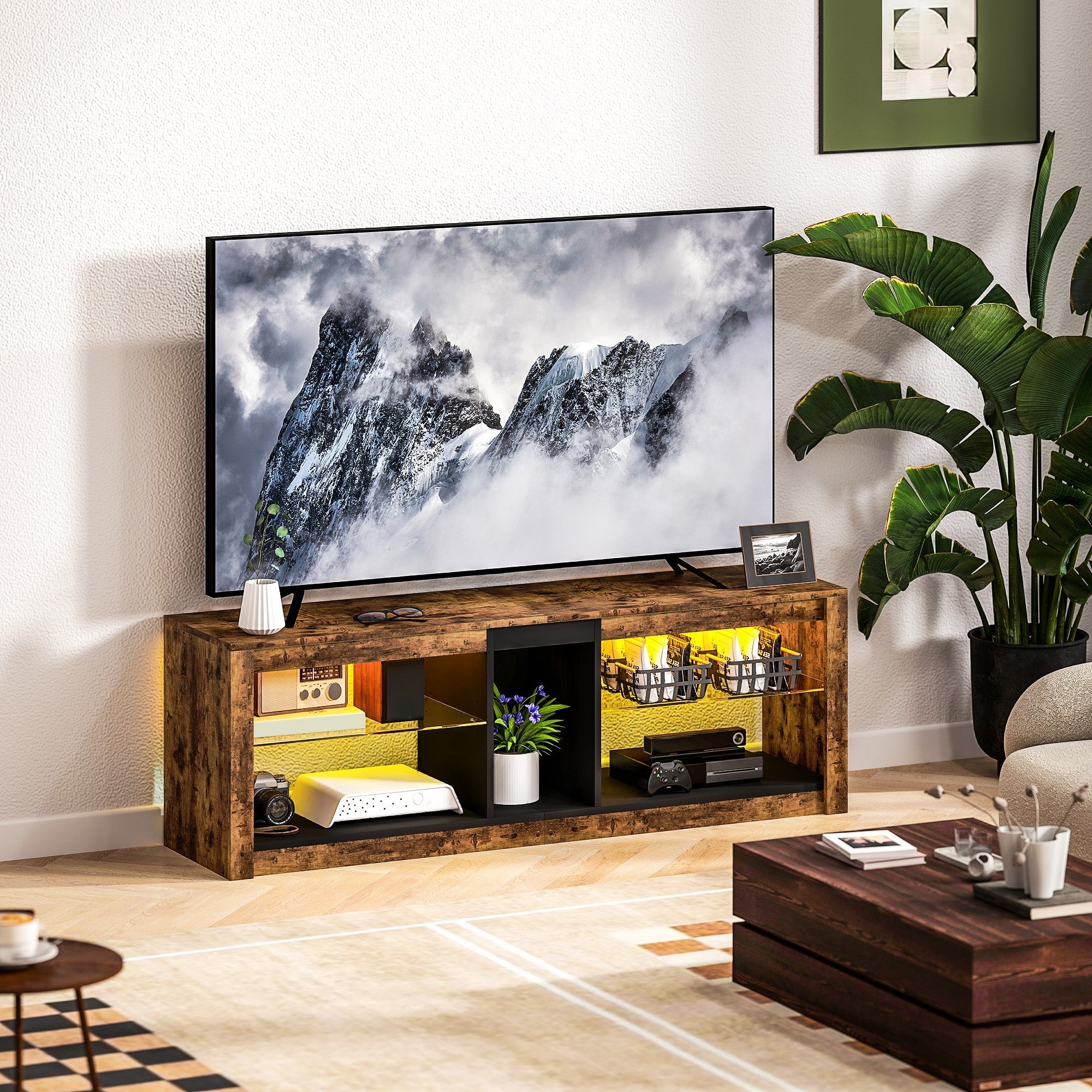 Rustic brown homcom tv stand cabinet with distressed wood finish removable led light and remote control for storage