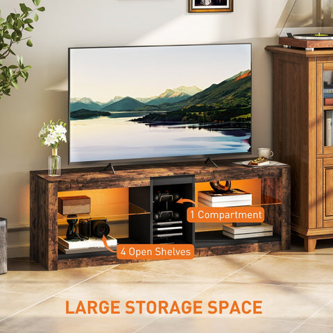 Rustic wooden homcom tv stand with dark brown finish glass shelves removable led light and remote control for tvs up to 65 inches