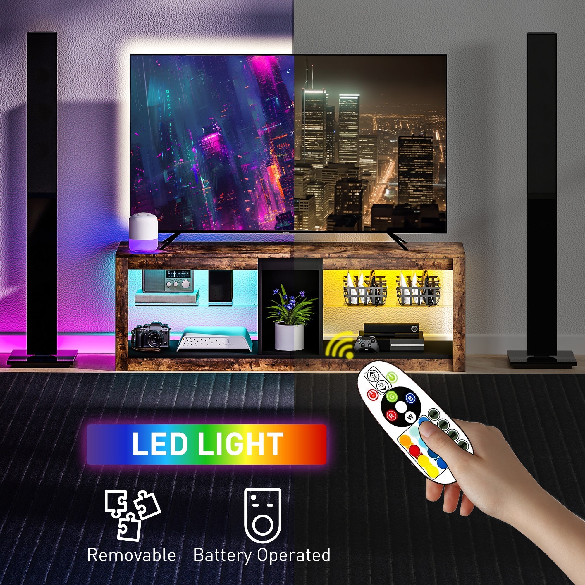 Hand holding a white remote control with colorful buttons for homcom tv stand with removable led light and storage shelves