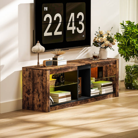 Rustic brown wooden homcom tv stand with glass panels open shelves removable led light and remote control for tvs up to 65 inches
