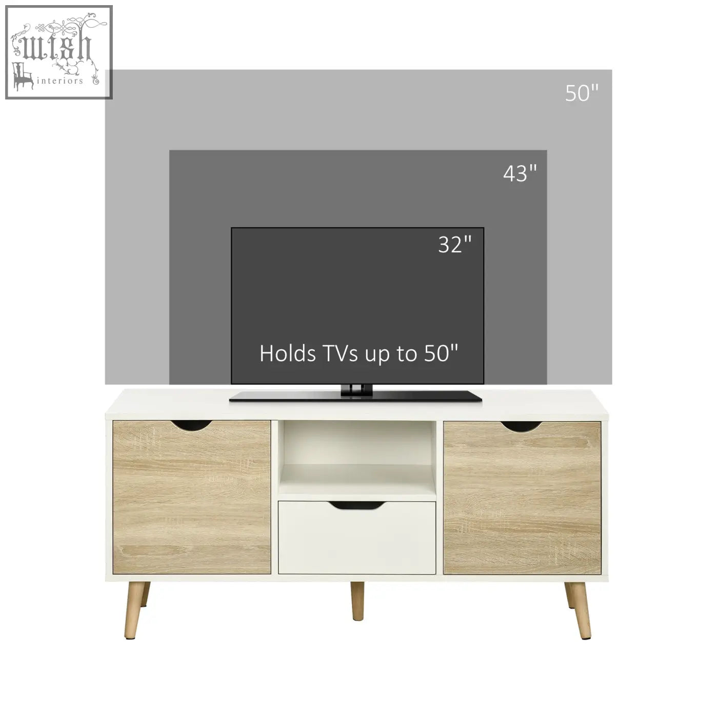 Modern homcom tv unit in white with natural wood grain and wooden legs for living room storage and tv up to 50 inches