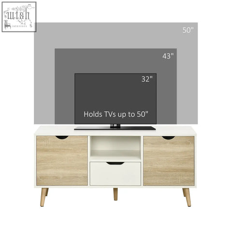 Modern homcom tv unit in white with natural wood grain and wooden legs for living room storage and tv up to 50 inches