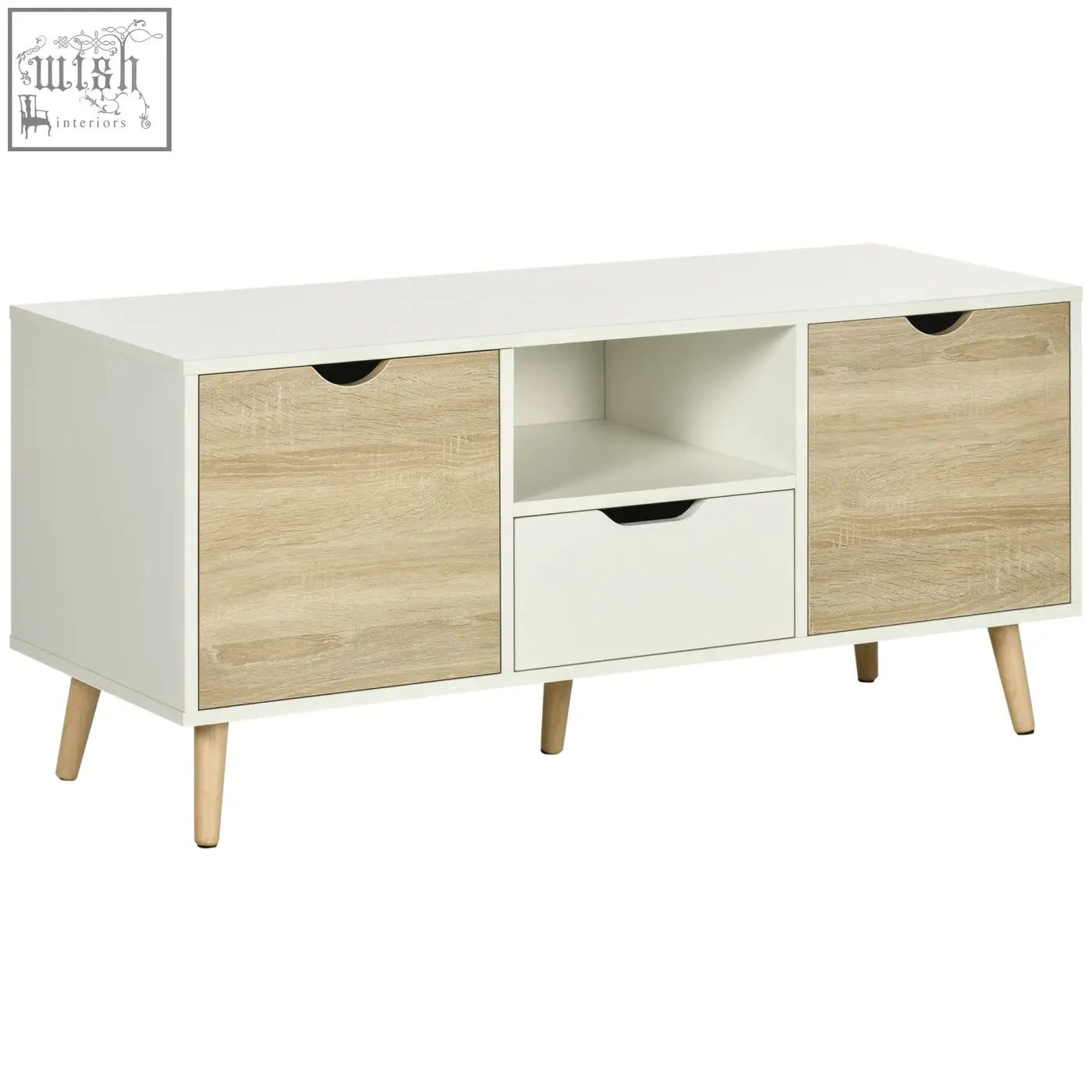 Modern white and light wood grain homcom tv unit with tapered wooden legs for living room storage and tv display