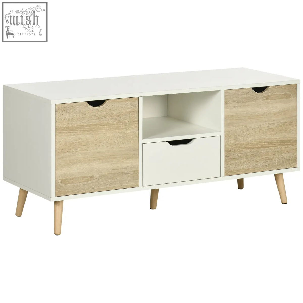 Modern white and light wood grain homcom tv unit with tapered wooden legs for living room storage and tv display