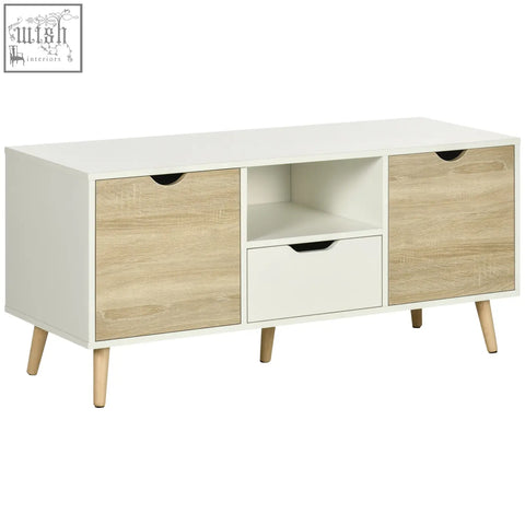 Modern white and light wood grain homcom tv unit with tapered wooden legs for living room storage and tv display