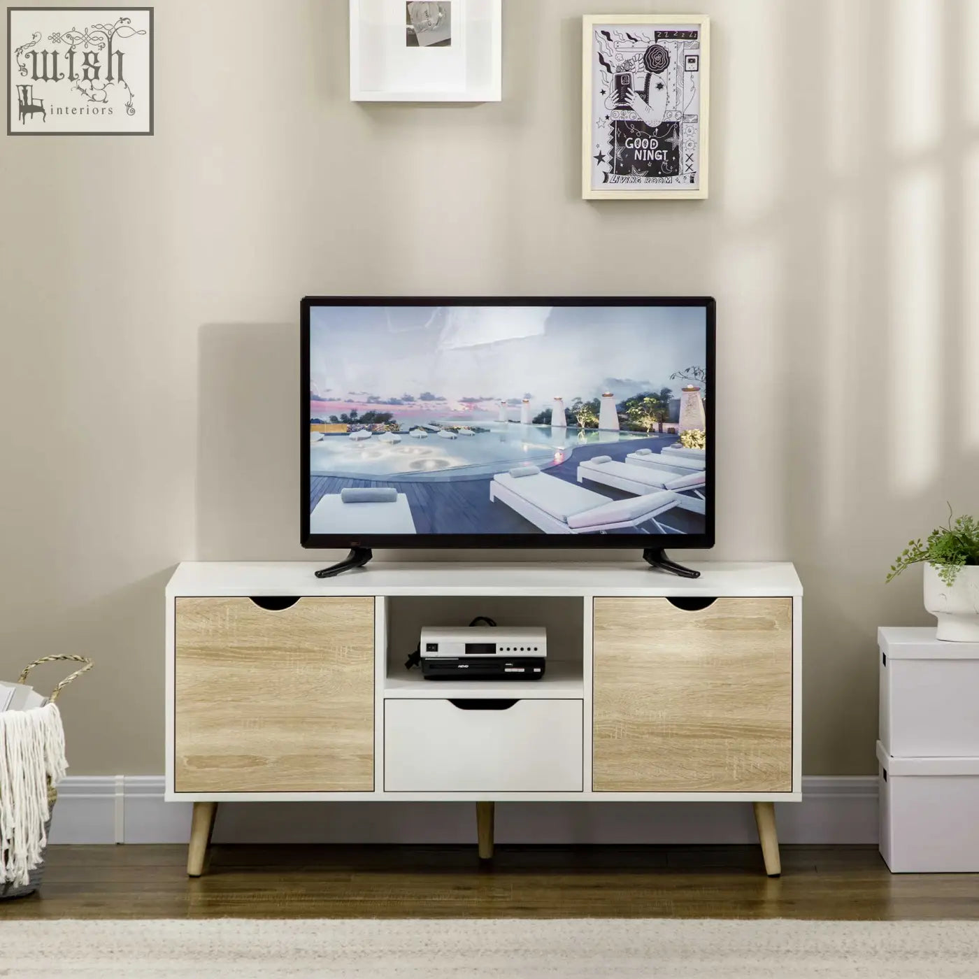 Modern white homcom tv unit with light wood grain and tapered wooden legs for living room storage up to 50 inches