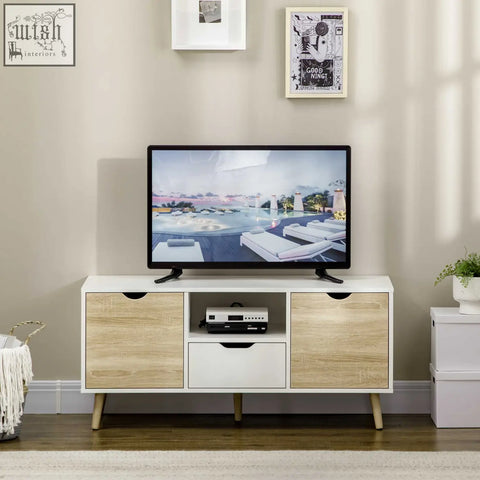 Modern white homcom tv unit with light wood grain and tapered wooden legs for living room storage up to 50 inches