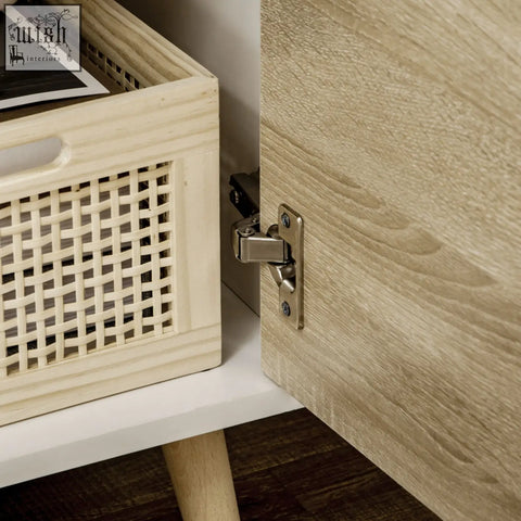 A sleek silver hinge on a light wood grain door of the homcom tv unit with wooden legs for living room use