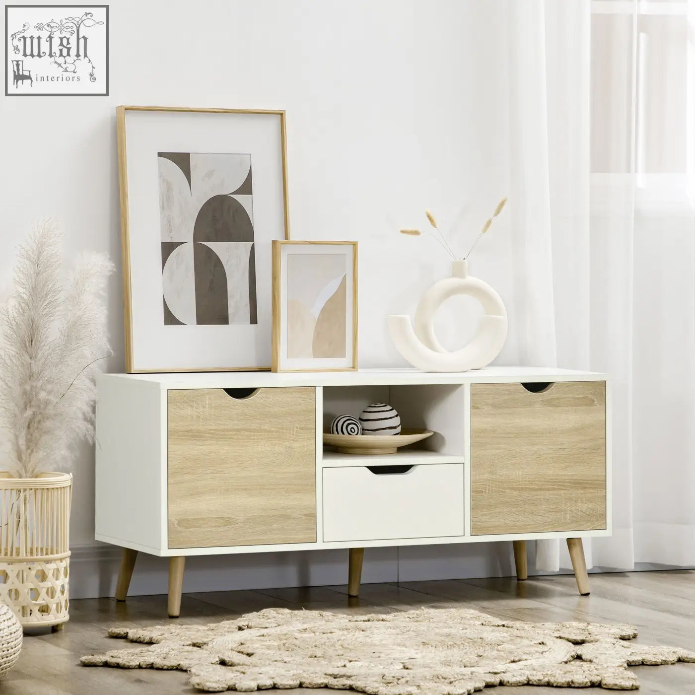Modern white homcom tv unit with light wood grain and wooden legs for living room storage and display