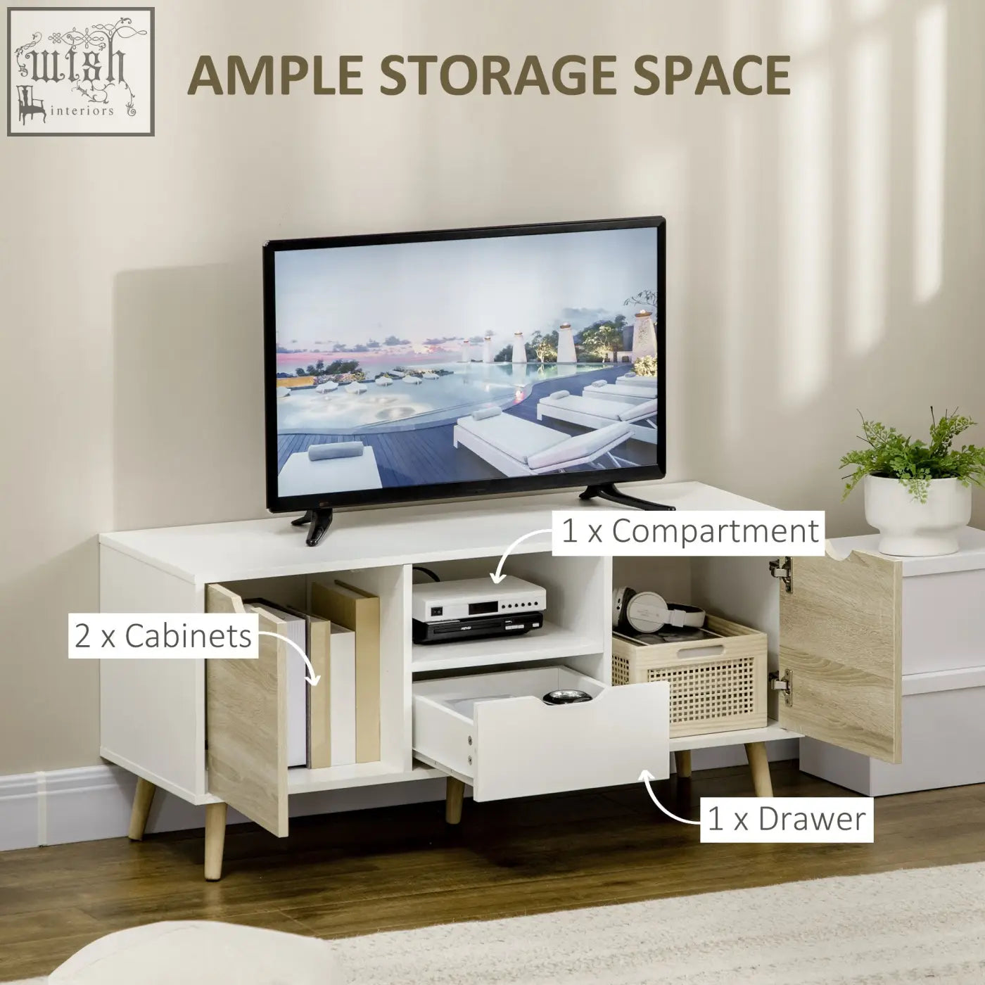 White homcom tv unit with light wood accents and wooden legs for living room storage and tv up to 50 inches