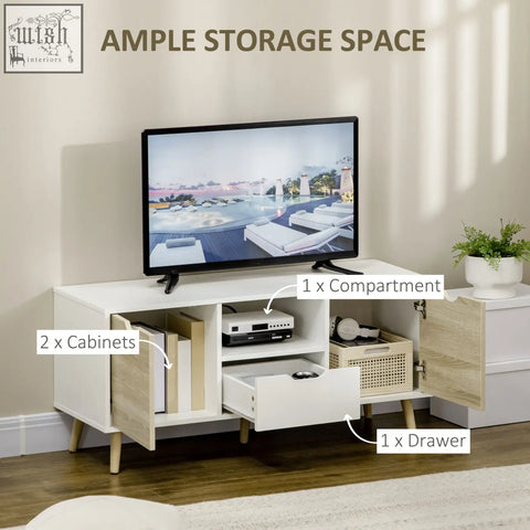 White homcom tv unit with light wood accents and wooden legs for living room storage and tv up to 50 inches