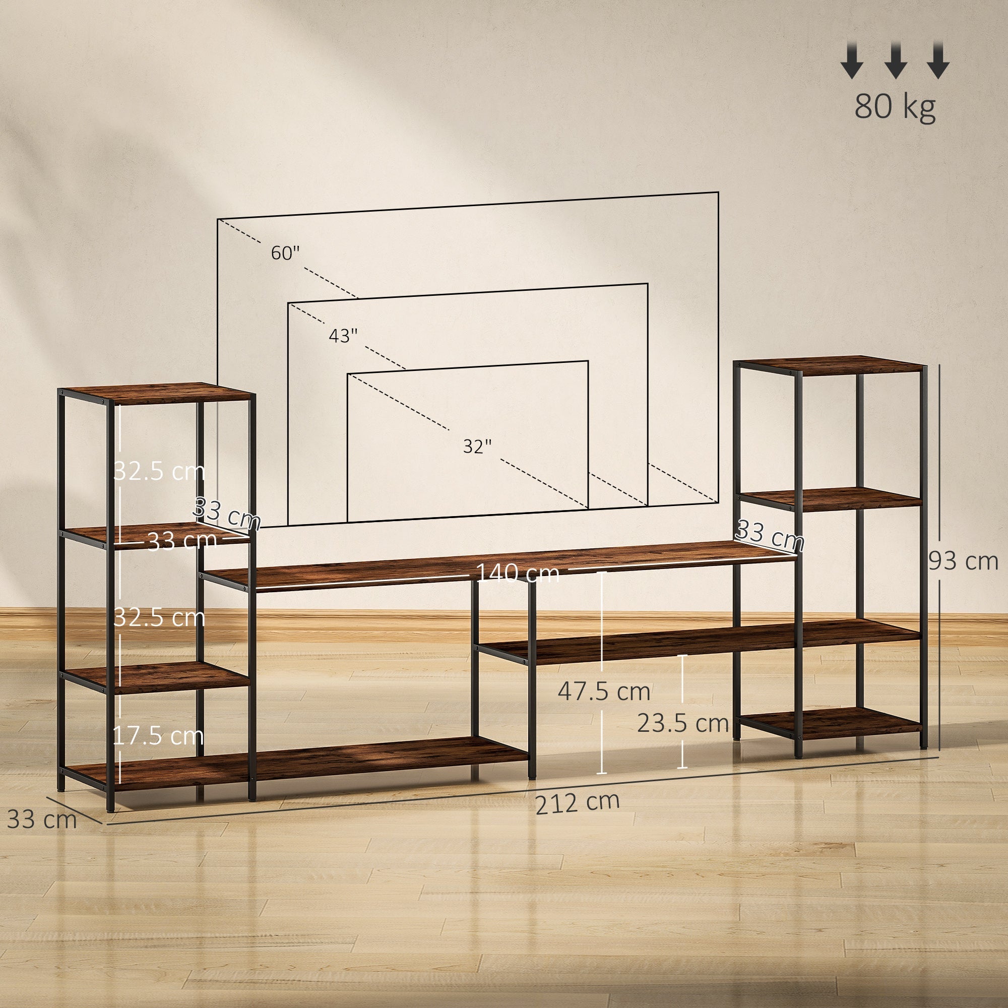 Industrial style wooden shelve unit with black steel frame ensures robust support and works well on uneven floors
