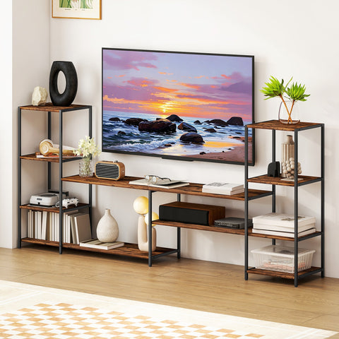 Rustic wood and black metal tv stand with steel frame ensures robust support and adapts to uneven floors for living rooms