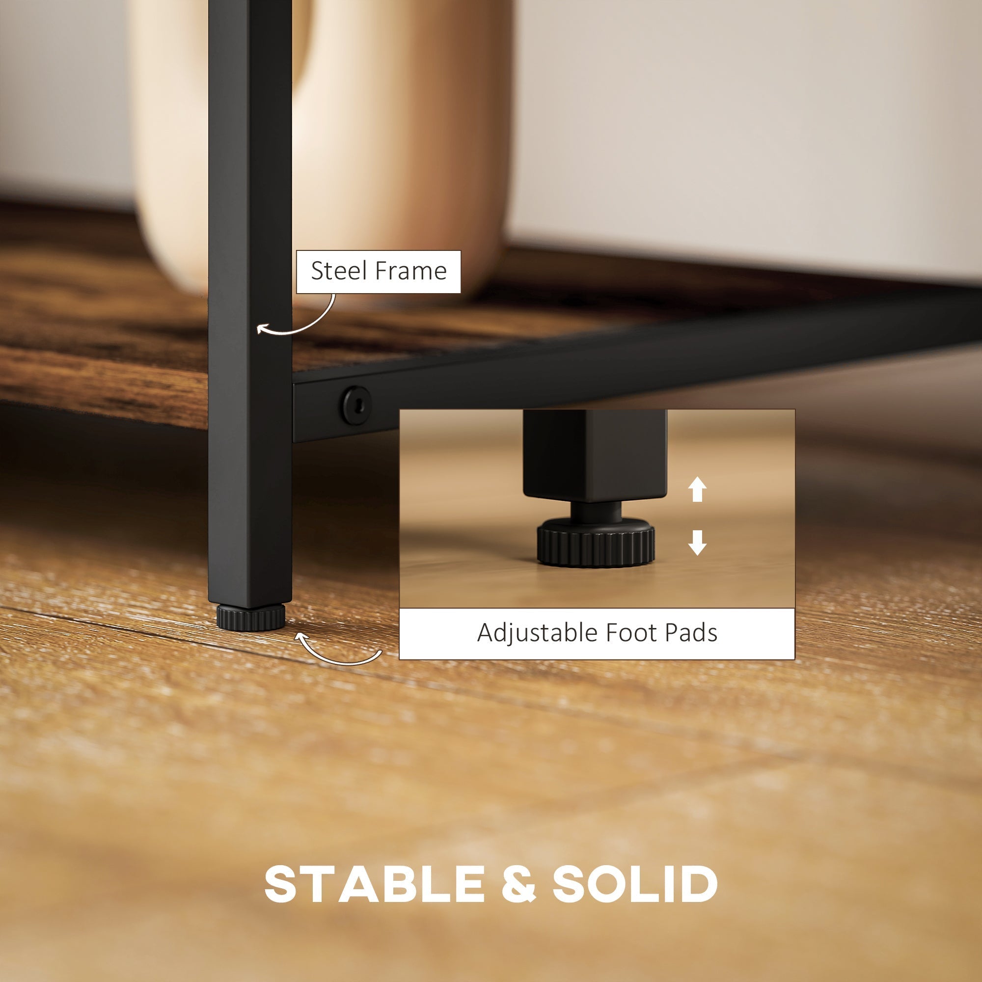 Black steel frame with adjustable foot pads ensures robust support for homcom tv unit on uneven floors